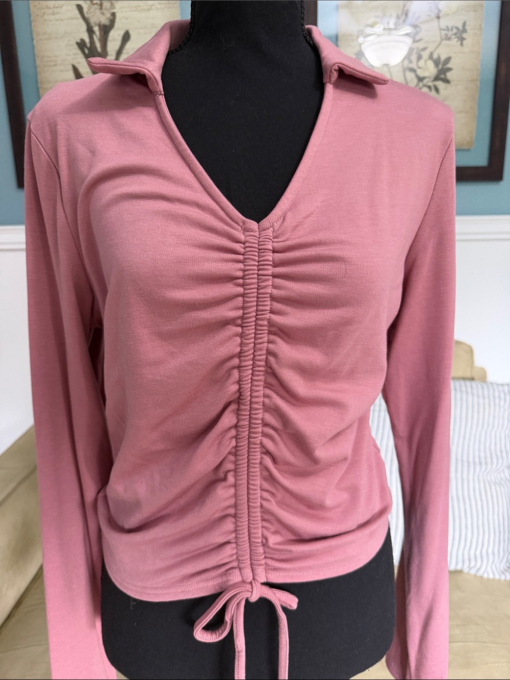 She + Sky Rose Pink Ruched V-Neck Long Sleeve Top